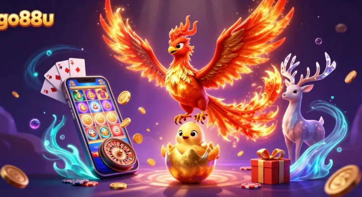Experience thrilling gaming excitement at go88u with a dynamic phoenix scene bursting with slot game action.
