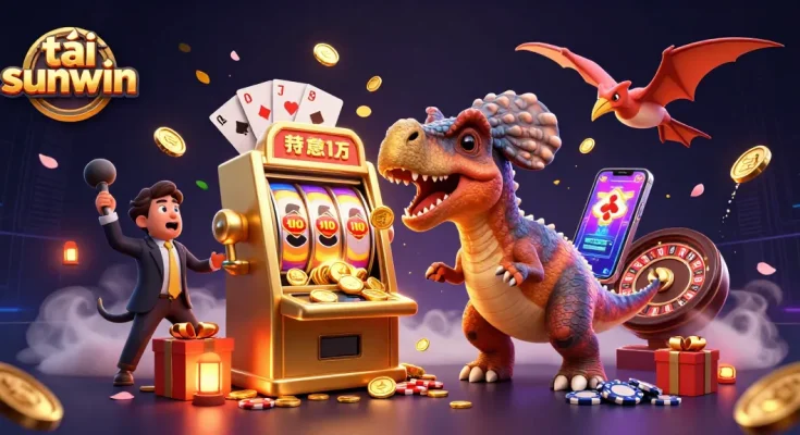 tải sunwin slots scene features a dinosaur winning jackpots with slot machines