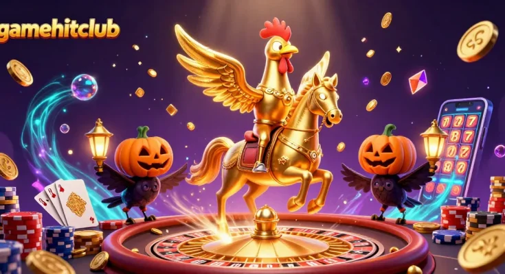 Experience gaming thrills at gamehitclub with vibrant casino elements in a 3D fantasy scene.