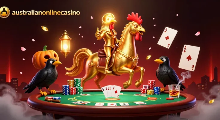 Engage with the exciting world of australianonlinecasino featuring a golden rooster as the headless horseman in a vibrant casino.