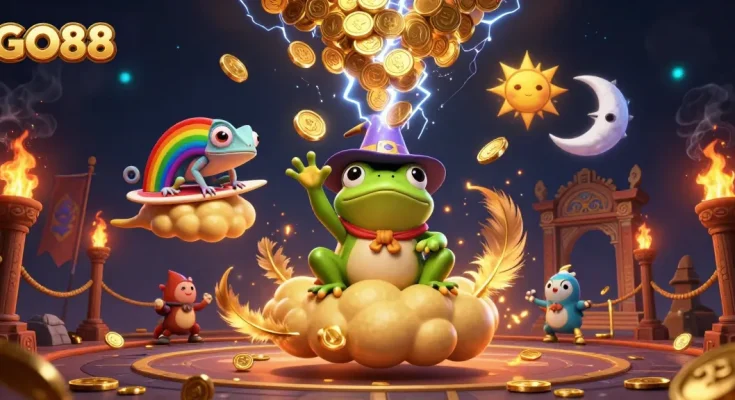 Experience the thrill of GO88 with a magical storm of golden coins and vibrant casino elements.