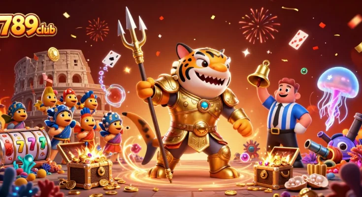 Play and win at 789club with the colorful scene of an underwater casino featuring a shark gladiator.