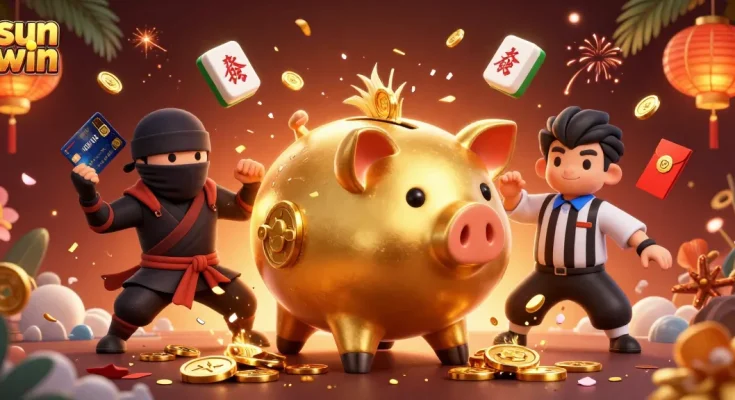 Experience thrilling gameplay at sun win with a dynamic scene featuring a golden piggy bank sumo wrestler and vibrant game elements.