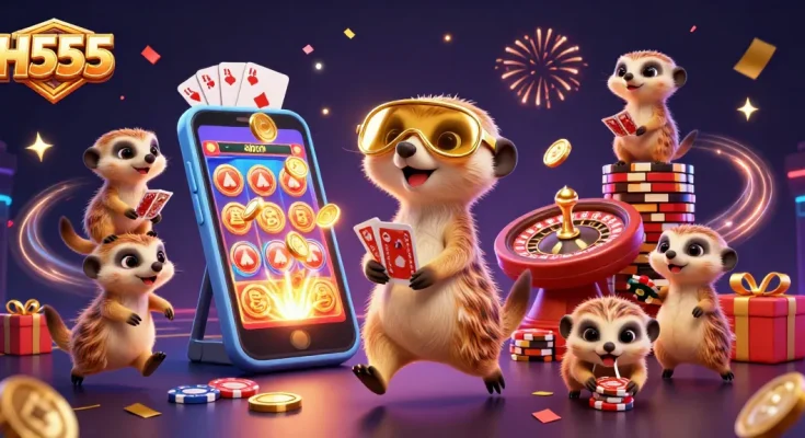 Experience the vibrant H555 casino as meerkats run games, chips flying amidst a colorful slot backdrop.