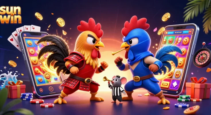 Engage with the thrilling sun win experience, featuring cartoon roosters in a dynamic gambling scene.