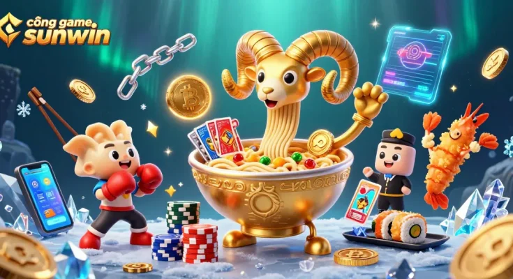 Câng game sunwin with a lively 3D cartoon scene featuring a giant ramen bowl dealer and crypto elements.