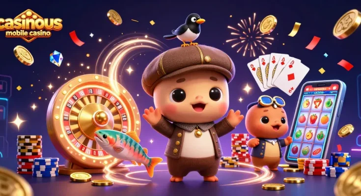 Experience the thrill of casinous mobile casino with a fun 3D illustration featuring playful characters and casino elements.